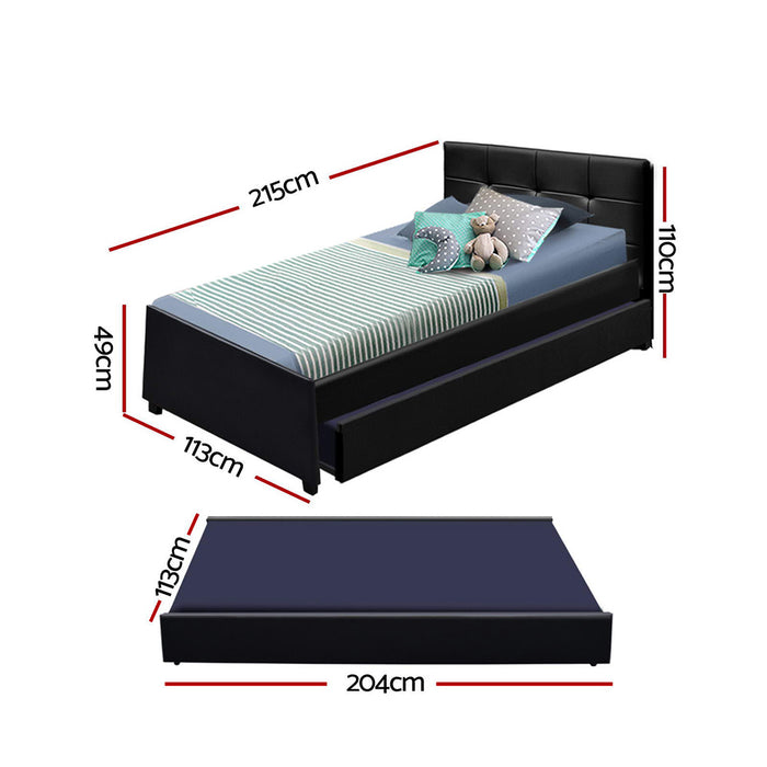 Trundle Wooden Bed Frame with Storage Drawer - Black King Single