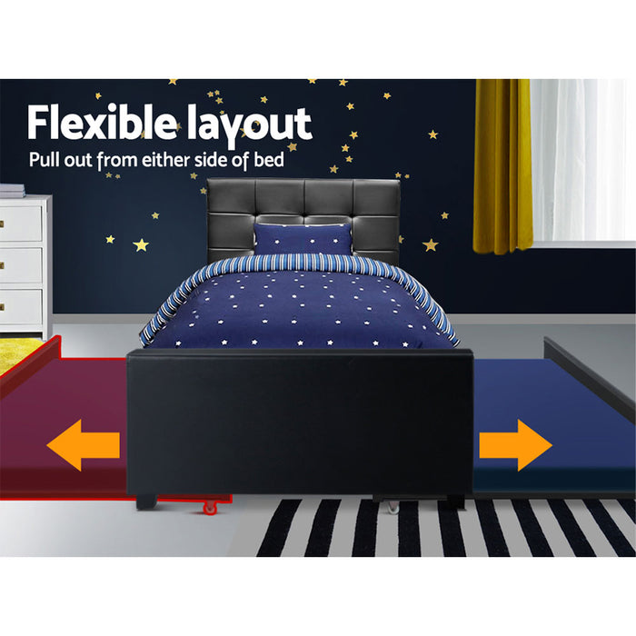 Trundle Wooden Bed Frame with Storage Drawer - Black King Single