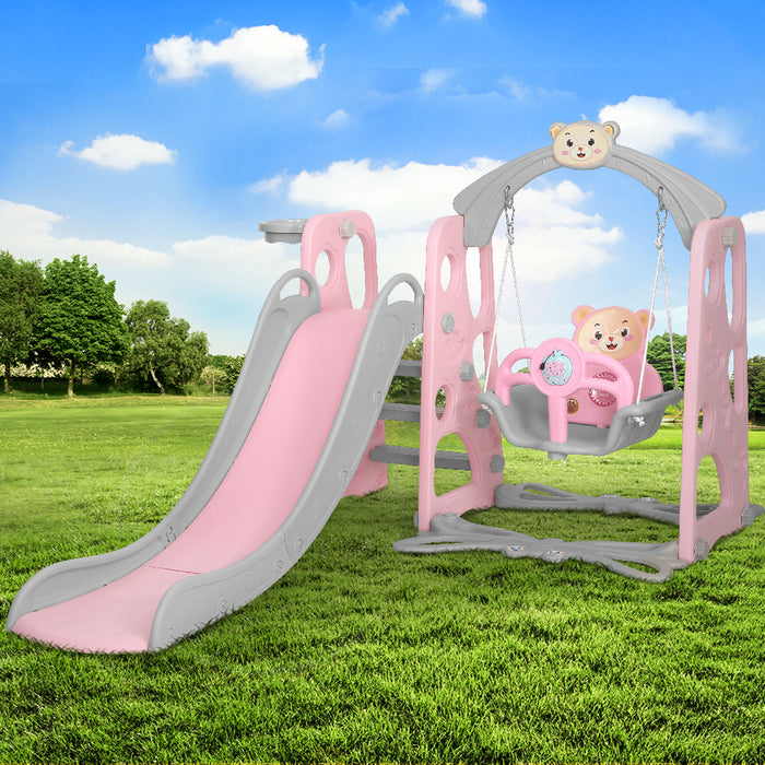 Keezi Kids Slide Swing Outdoor Playground Music Basketball Set Pink