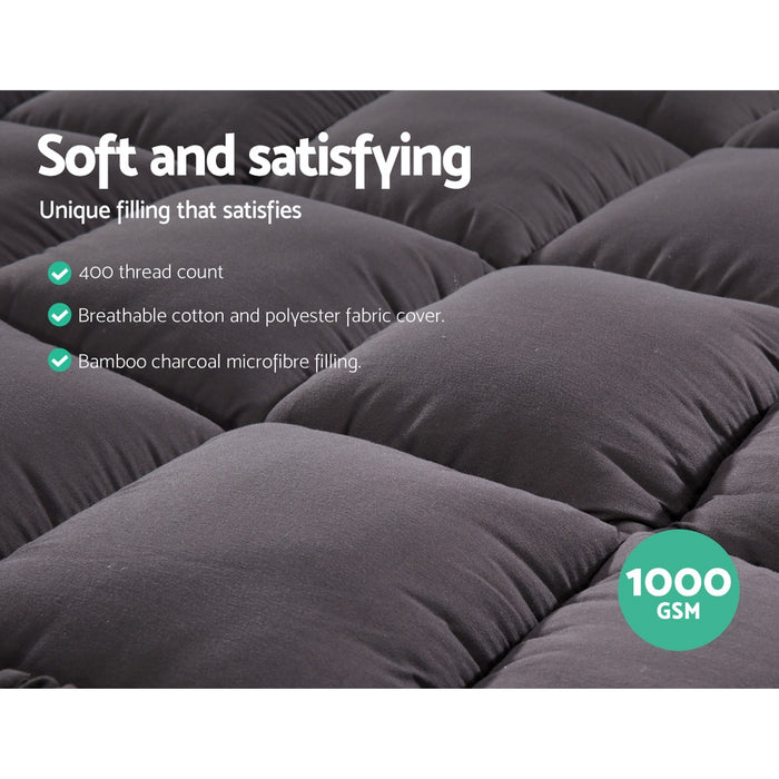 Giselle King Single Mattress Topper Pillowtop 1000GSM Charcoal Microfibre Bamboo Fibre Filling Protector