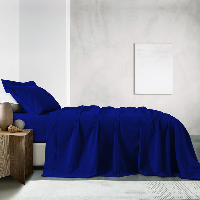 Royal Comfort Vintage Washed 100% Cotton Sheet Set Fitted Flat Sheet Pillowcases Single Royal Blue