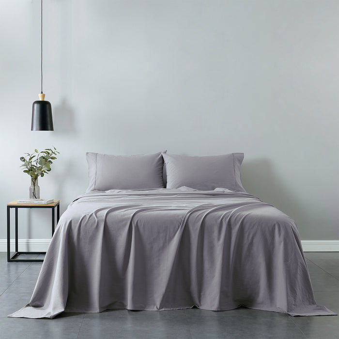 Royal Comfort Vintage Washed 100% Cotton Sheet Set Fitted Flat Sheet Pillowcases Single Grey
