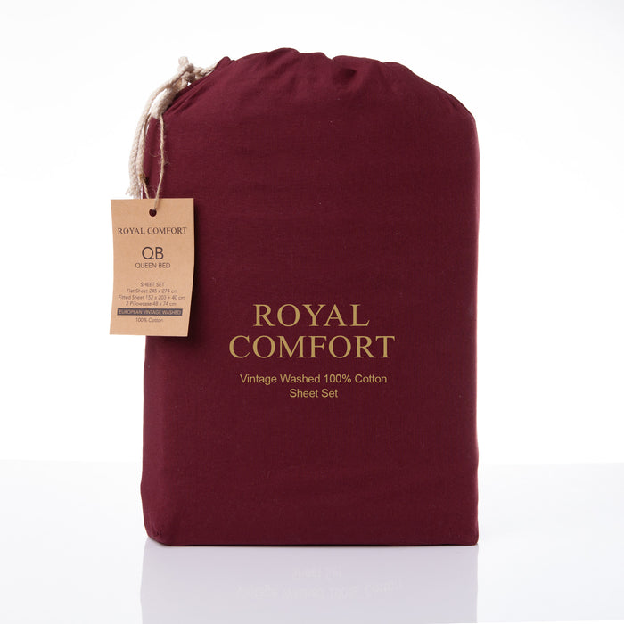 Royal Comfort Vintage Washed 100% Cotton Sheet Set Fitted Flat Sheet Pillowcases Single Mulled Wine