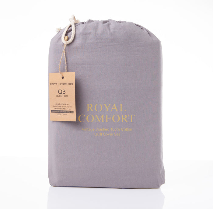 Royal Comfort Vintage Washed 100% Cotton Quilt Cover Set Bedding Ultra Soft Single Grey