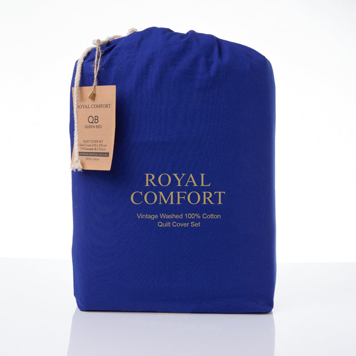 Royal Comfort Vintage Washed 100% Cotton Quilt Cover Set Bedding Ultra Soft Single Royal Blue