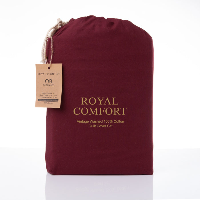 Royal Comfort Vintage Washed 100% Cotton Quilt Cover Set Bedding Ultra Soft Single Mulled Wine
