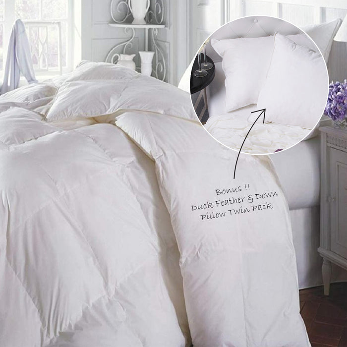 Duck Feather & Down Quilt 500GSM + Duck Feather and Down Pillows 2 Pack Combo Single White