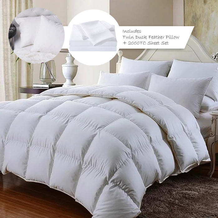 Royal Comfort 350GSM Bamboo Quilt, 2000TC Sheet Set And 2 Pack Duck Pillows Set Single White