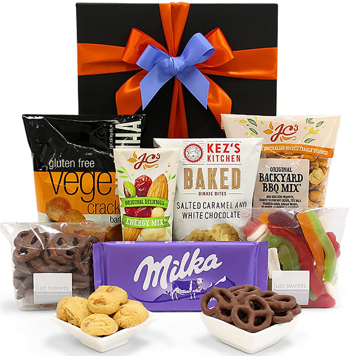 Snack Lover Gift Hamper with Vege Crackers, Choc Pretzels, White Choc Bites, Nut Mix and Snakes - Sweet & Savoury Hamper for Birthdays, Christmas, Easter, Weddings, Anniversaries, Office Parties