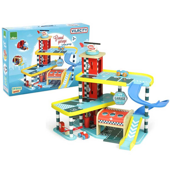 Vilac Grand Deluxe Wooden Car Garage Play Set | Blue/Red