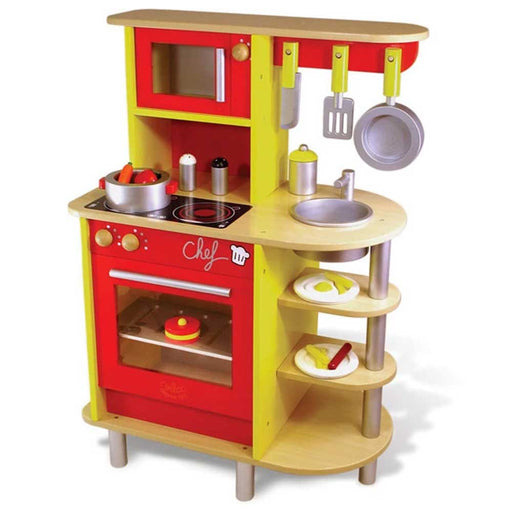 Vilac Large Kids Wooden Kitchen Play Set with Accessories | Red/Yellow
