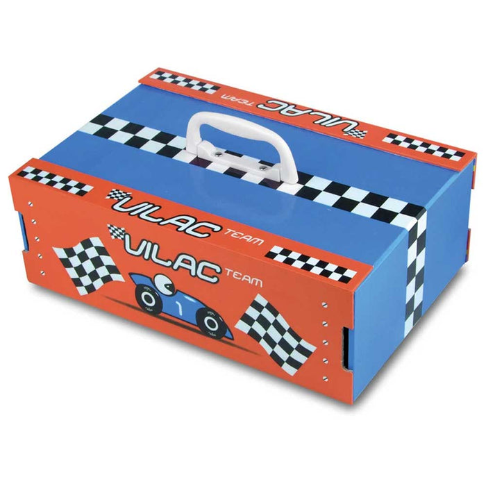 Vilac Wooden Car Garage & Racing Track in a Suitcase Play Set | Blue/Red