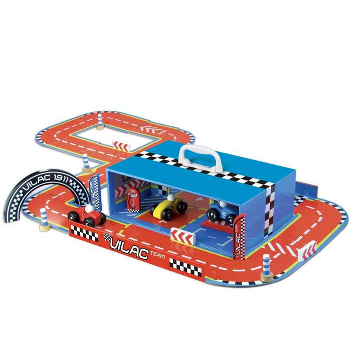 Vilac Wooden Car Garage & Racing Track in a Suitcase Play Set | Blue/Red