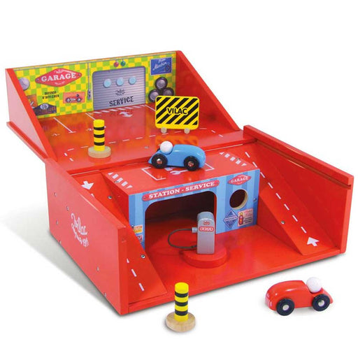 Vilac Wooden Garage in a Suitcase Play Set | Racing Red